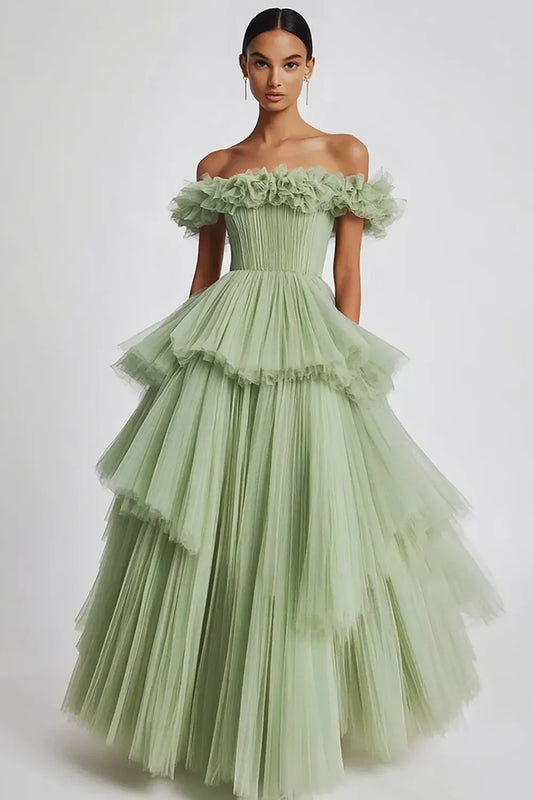 Loverlm dusty sage prom dress with off shoulder ruffled neckline, pleated bodice and voluminous tiered tulle ball gown skirt
