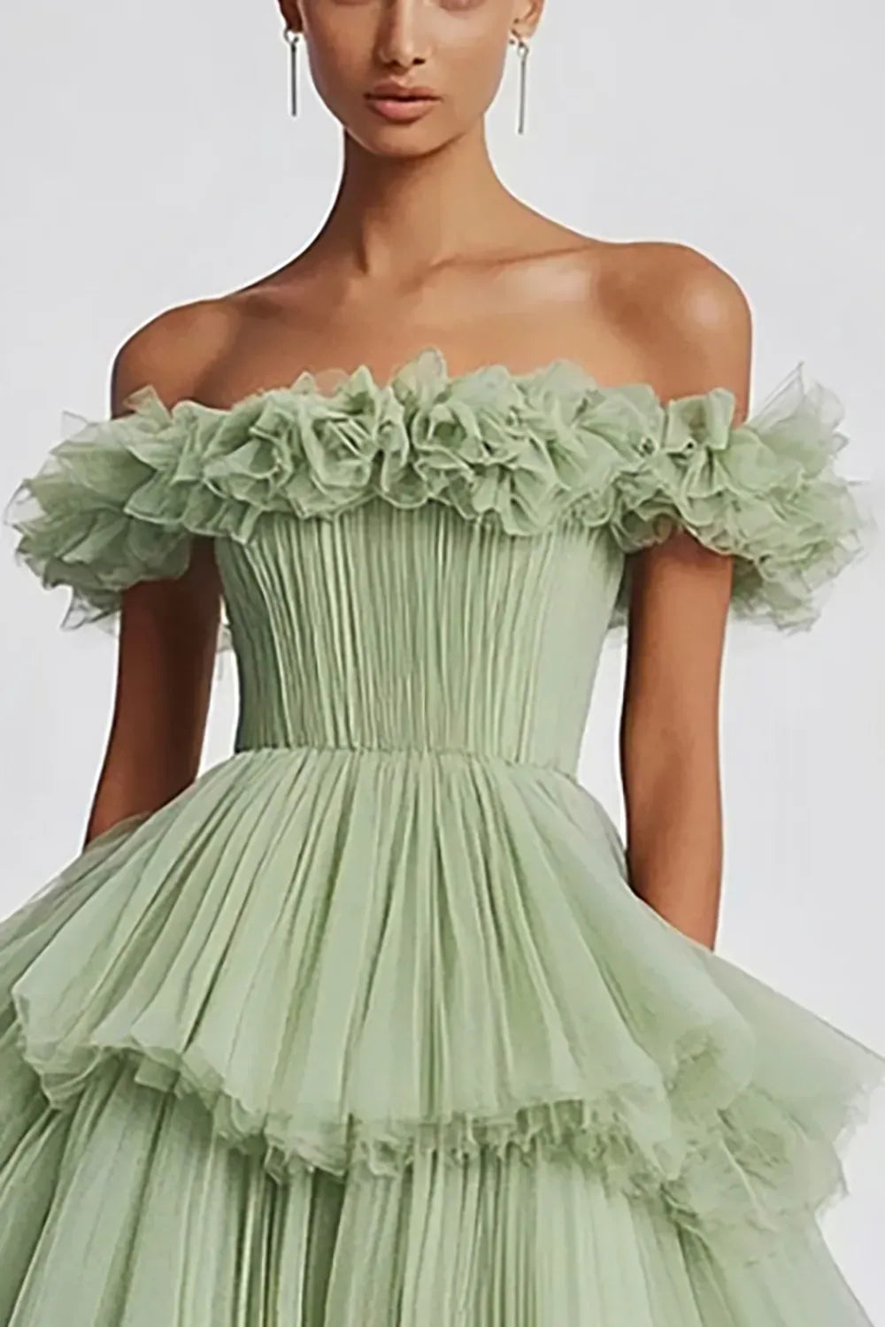 Romantic Ball Gown Off Shoulder Ruffled Zipper Tiered Floor Length Prom Dress