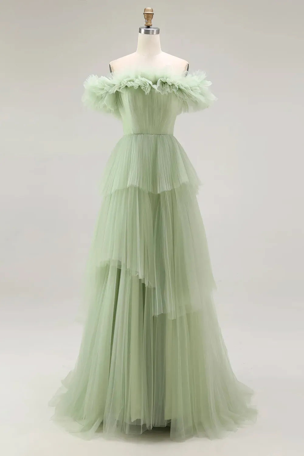 Romantic Ball Gown Off Shoulder Ruffled Zipper Tiered Floor Length Prom Dress