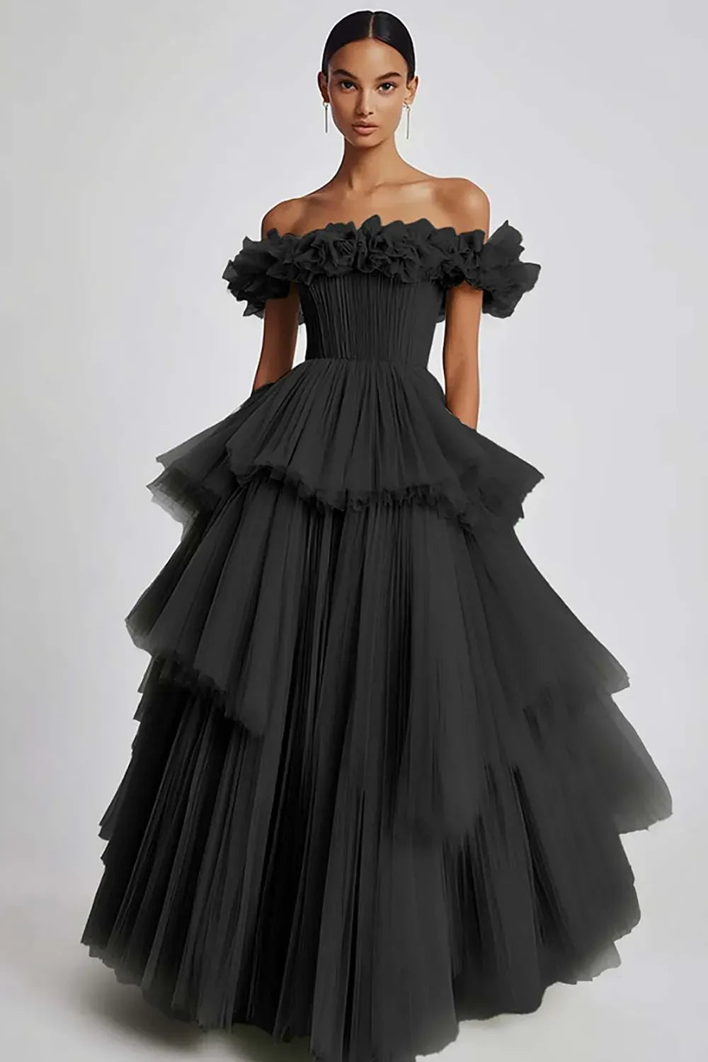 Romantic Ball Gown Off Shoulder Ruffled Zipper Tiered Floor Length Prom Dress