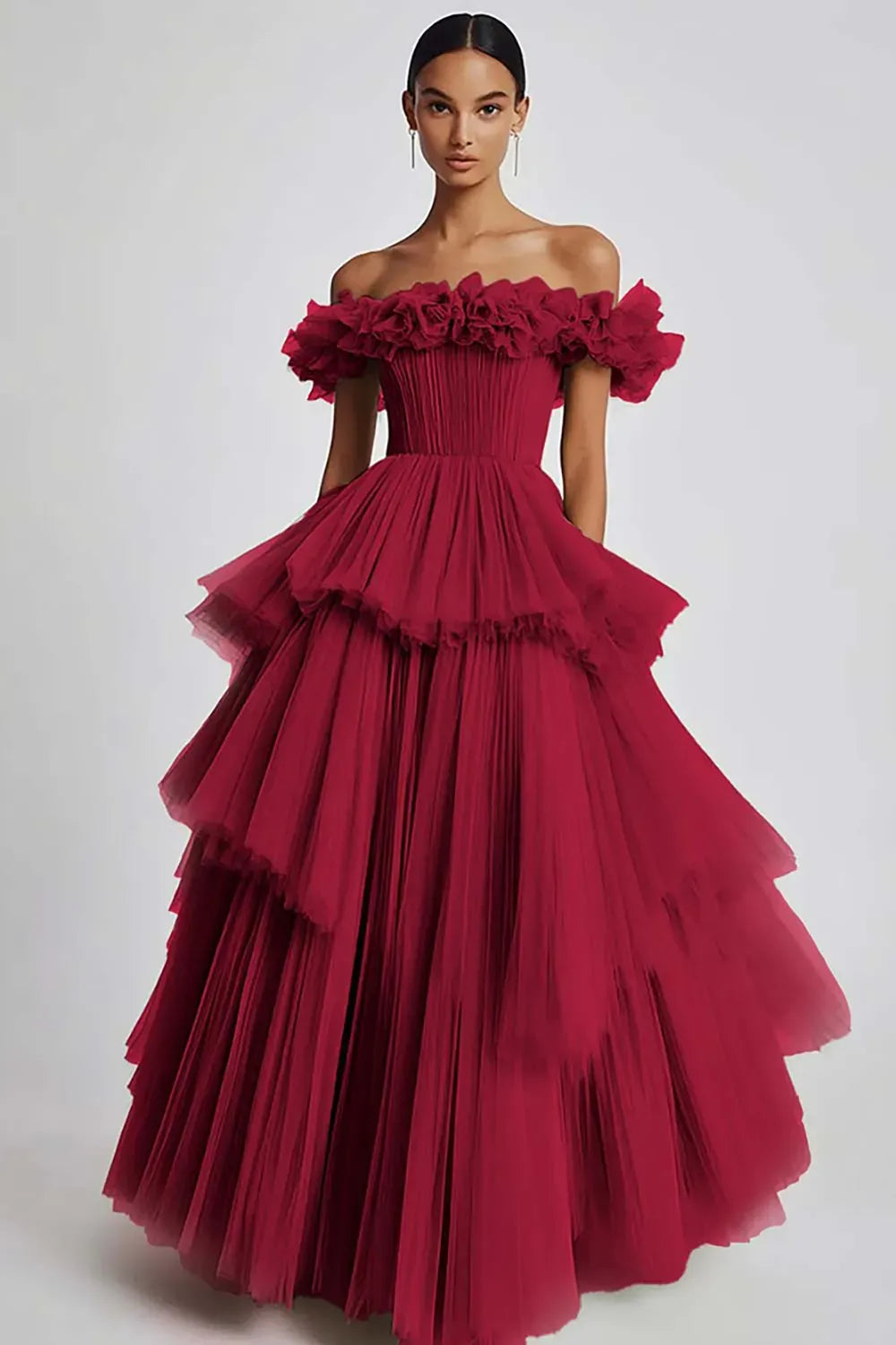 Romantic Ball Gown Off Shoulder Ruffled Zipper Tiered Floor Length Prom Dress