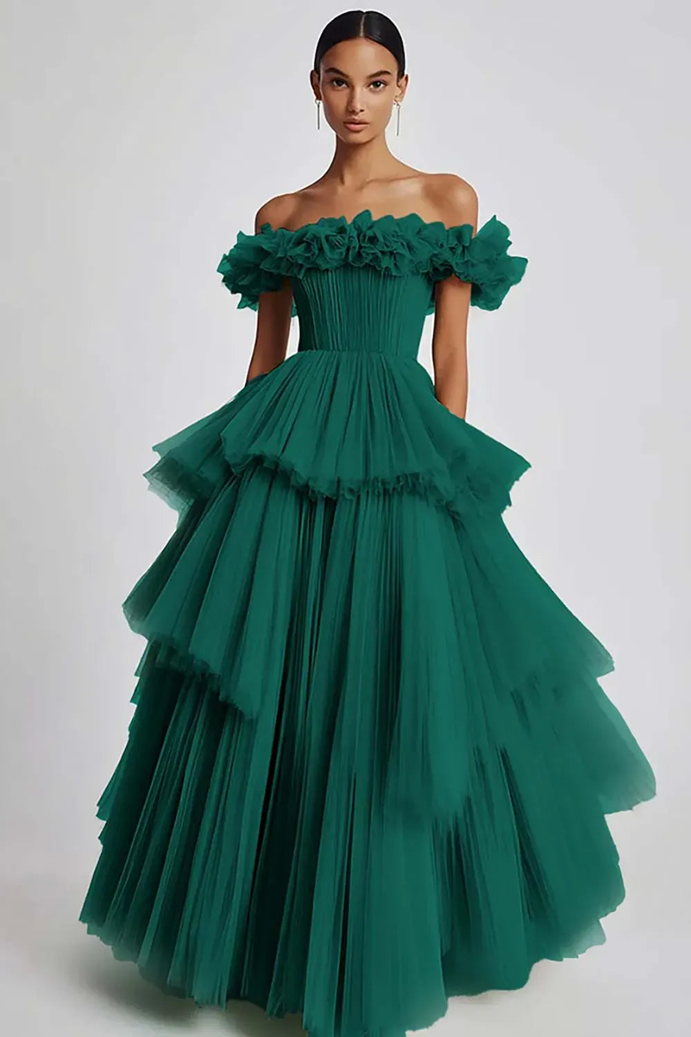 Romantic Ball Gown Off Shoulder Ruffled Zipper Tiered Floor Length Prom Dress