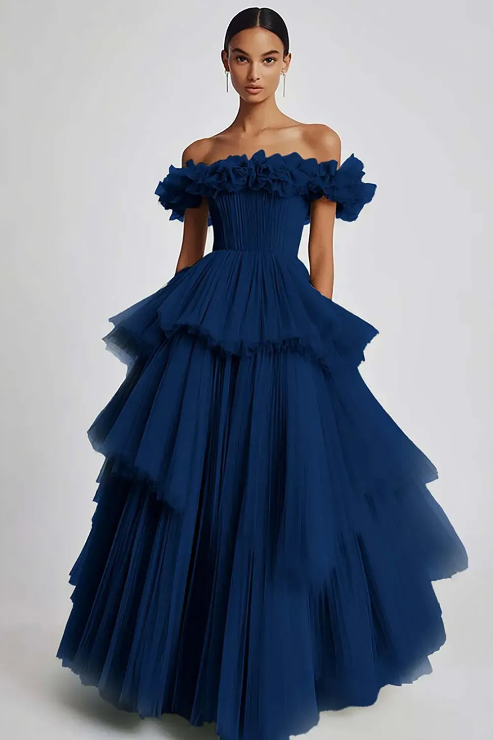 Romantic Ball Gown Off Shoulder Ruffled Zipper Tiered Floor Length Prom Dress