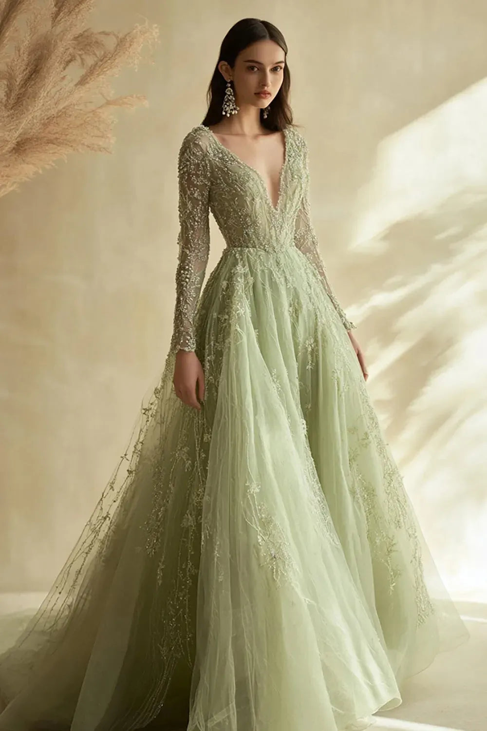 Loverlm dusty sage Mother of the Bride dress with V-neckline, sheer floral lace long sleeves, embroidered bodice and floor-length A-line skirt