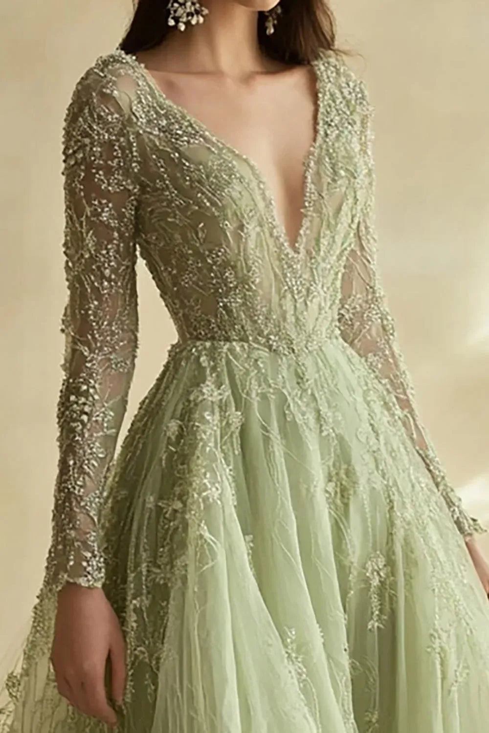 Elegant A-Line V-Neck Long Sleeve Zipper Back Mother of the Bride Dress