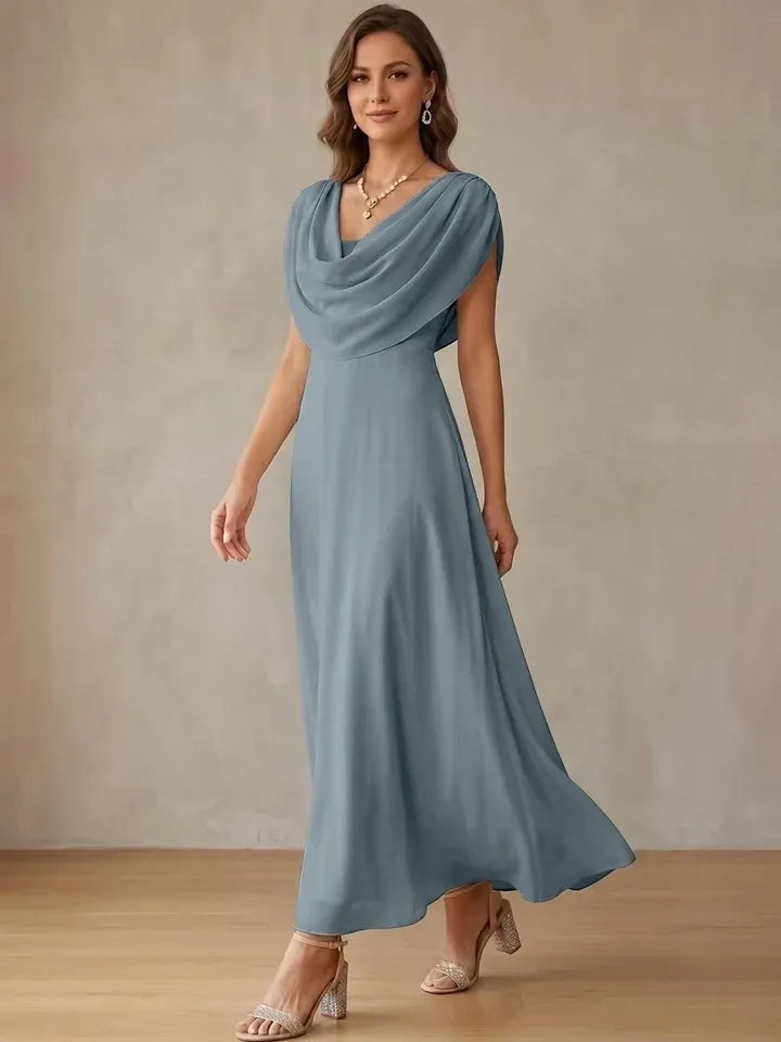 Elegant A-Line Cowl-Neck Cap-Sleeve Draped-Back Ankle-Length Evening Dress