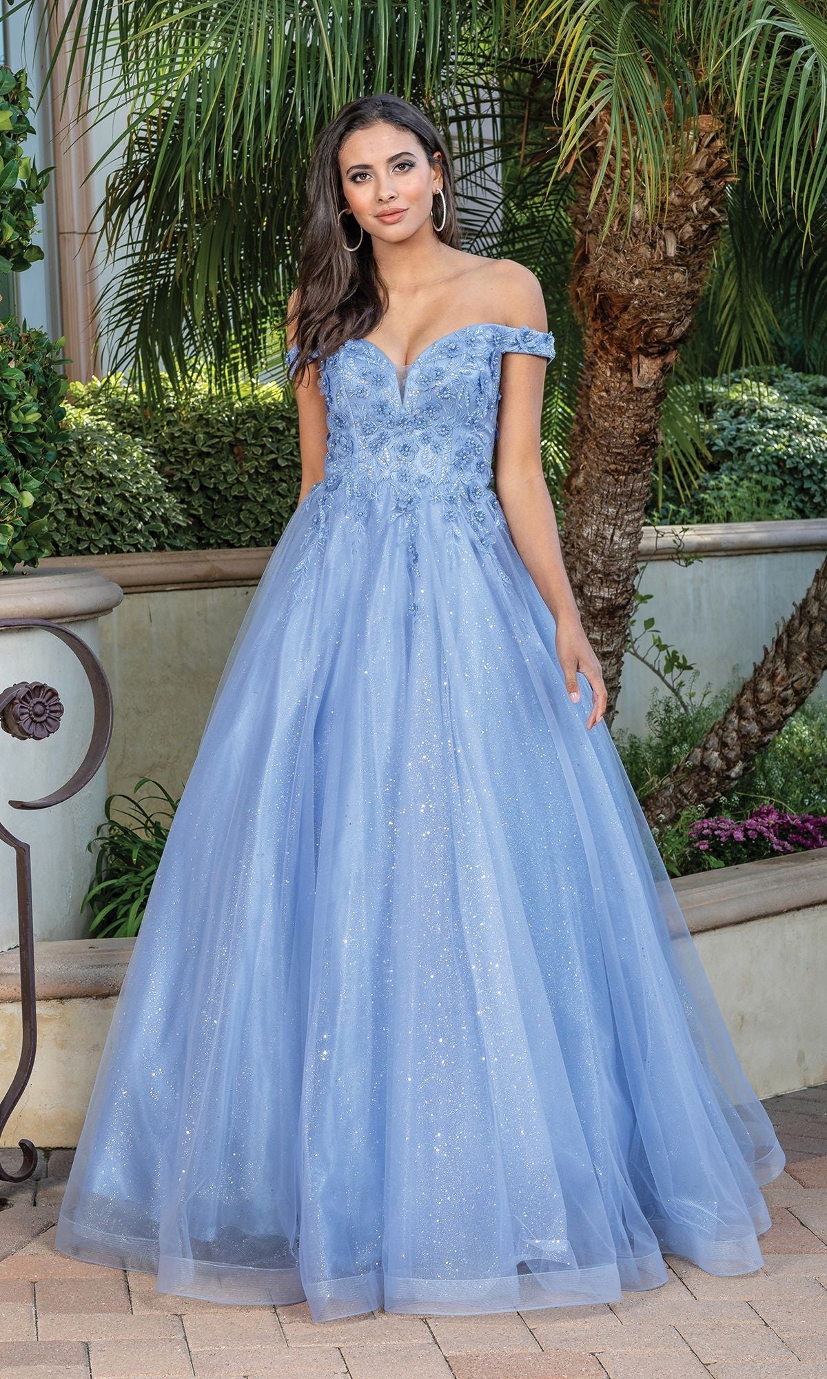 Enchanting A-Line V-Neck Off Shoulder Tulle Floor Length Prom Dress