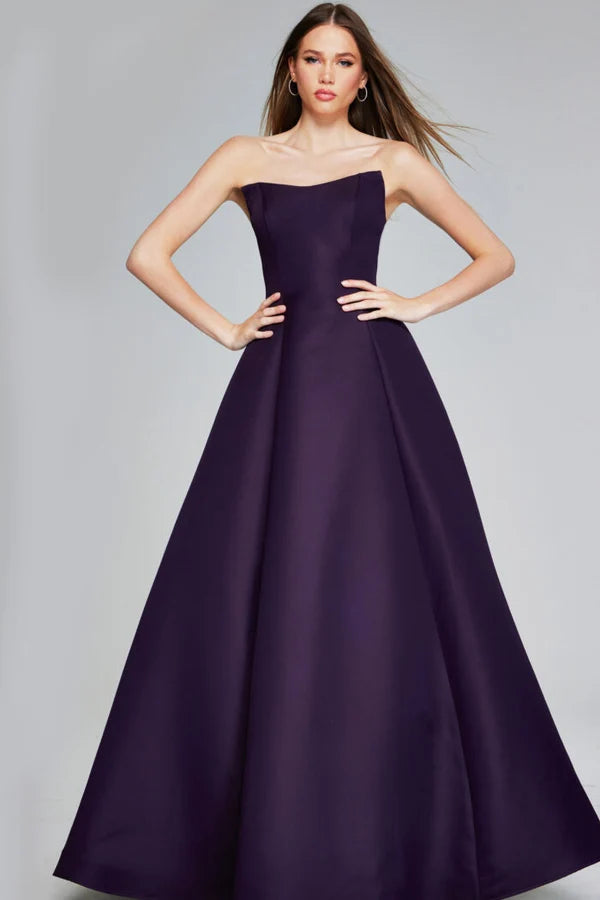 Loverlm eggplant A-line prom dress with straight strapless neckline fitted bodice and full floor-length satin-look skirt