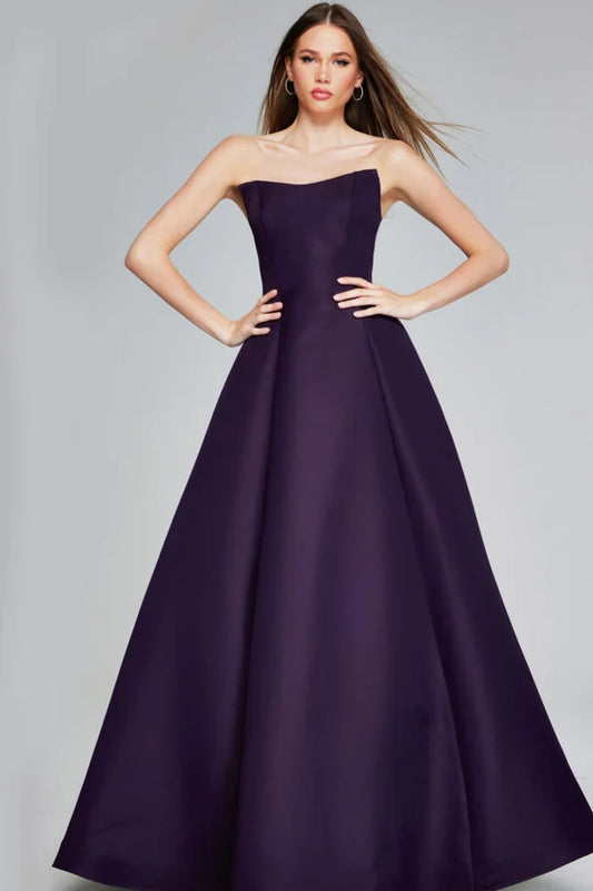 Loverlm eggplant A-line prom dress with straight strapless neckline fitted bodice and full floor-length satin-look skirt