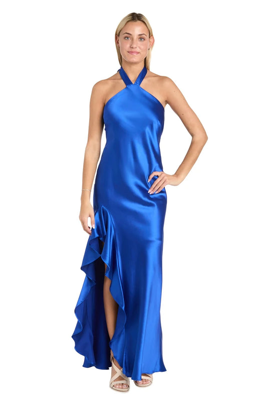 Loverlm electric blue satin evening dress with halter neckline front ruffle slit and sleek floor-length silhouette