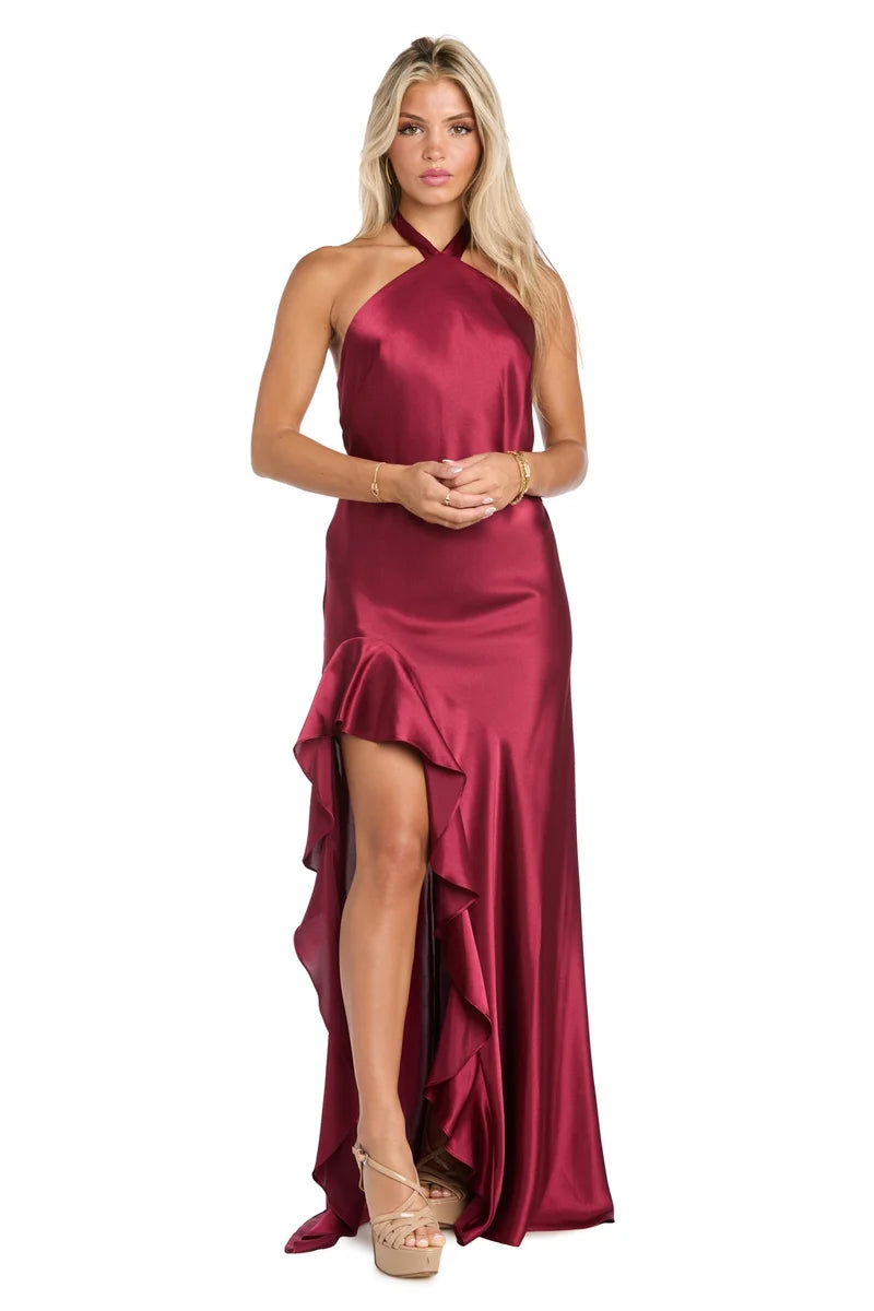 Elegant Sheath Halter Sleeveless Open-Back Satin Floor-Length Evening Dress