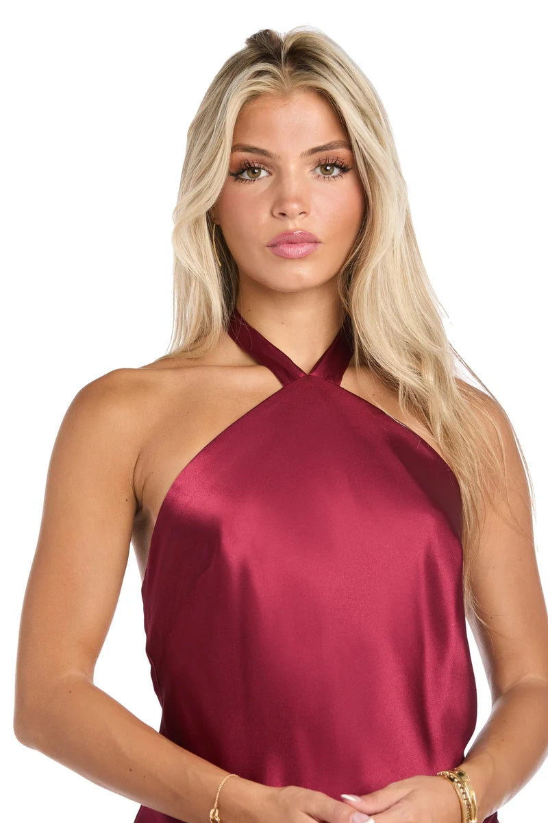 Elegant Sheath Halter Sleeveless Open-Back Satin Floor-Length Evening Dress
