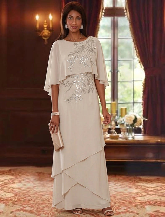 Loverlm elegant beaded cape sleeve A-line mother of the bride dress with bateau neckline and layered floor-length skirt