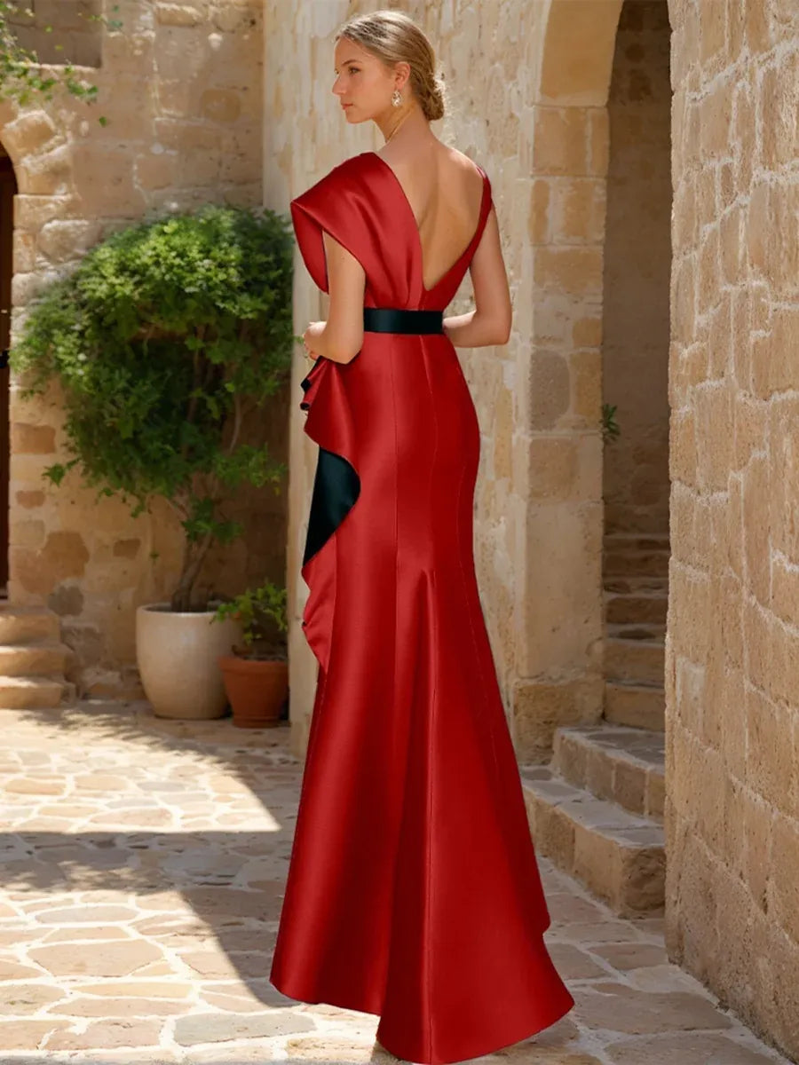 Elegant Column Asymmetric Neckline Cap Sleeve V Back Floor-Length Evening Dress