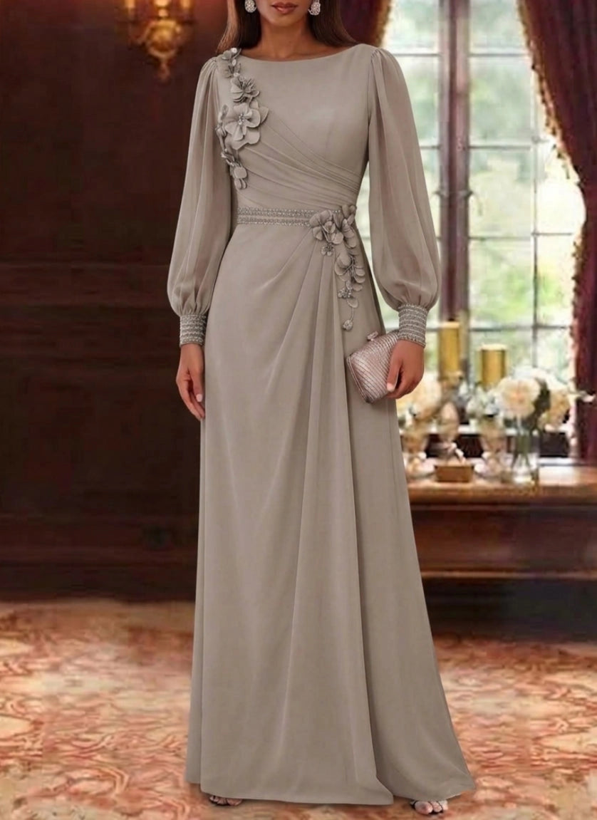 Loverlm taupe A-line mother of the bride dress with floral appliqué, bateau neck, bishop sleeves, beaded waist and floor-length skirt