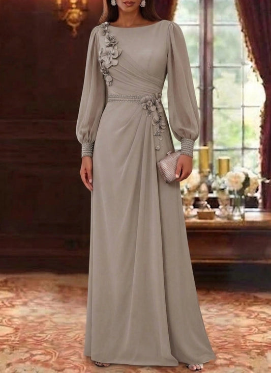 Loverlm taupe A-line mother of the bride dress with floral appliqué, bateau neck, bishop sleeves, beaded waist and floor-length skirt