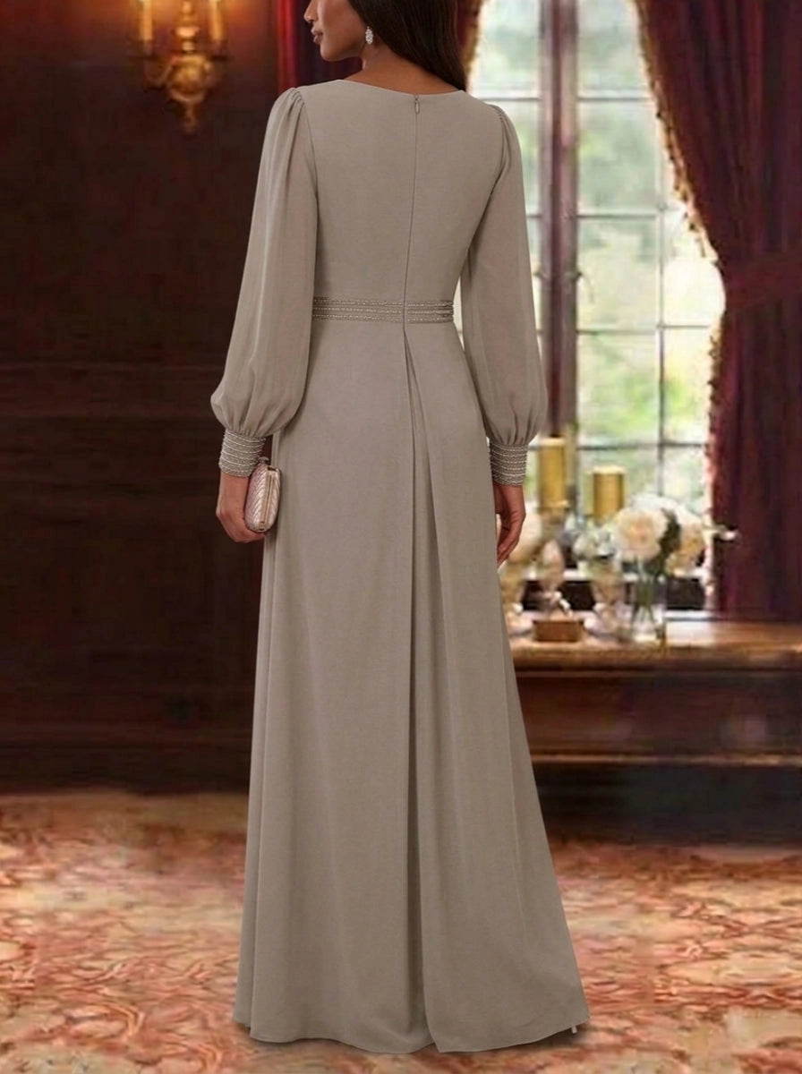 Elegant A-Line Bateau Neck Bishop Sleeve Zipper Back Draped Floor-Length Mother of the Bride Dress