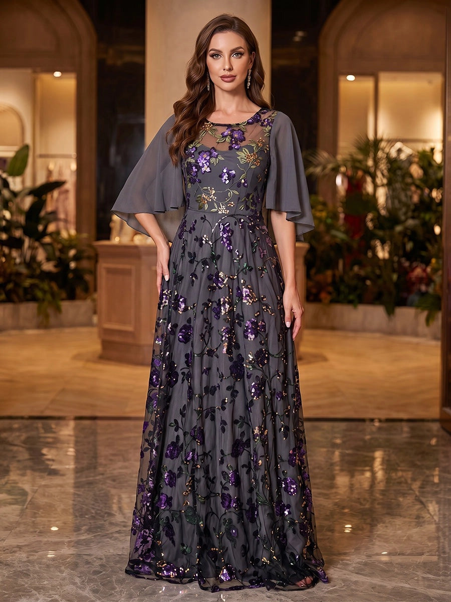 Loverlm gray A-line mother of the bride dress with purple floral sequins, round neck, flutter sleeves and floor-length skirt