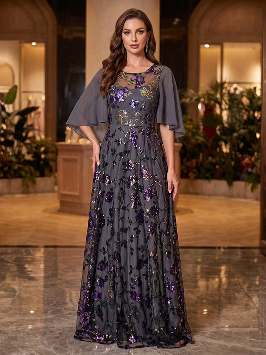 Loverlm gray A-line mother of the bride dress with purple floral sequins, round neck, flutter sleeves and floor-length skirt
