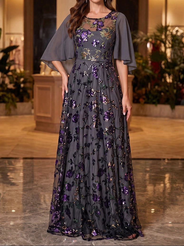 Elegant A-Line Round Neck Flutter Sleeve Illusion Back Flowing Floor Length Mother of the Bride Dress