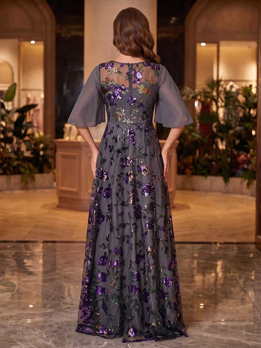 Elegant A-Line Round Neck Flutter Sleeve Illusion Back Flowing Floor Length Mother of the Bride Dress