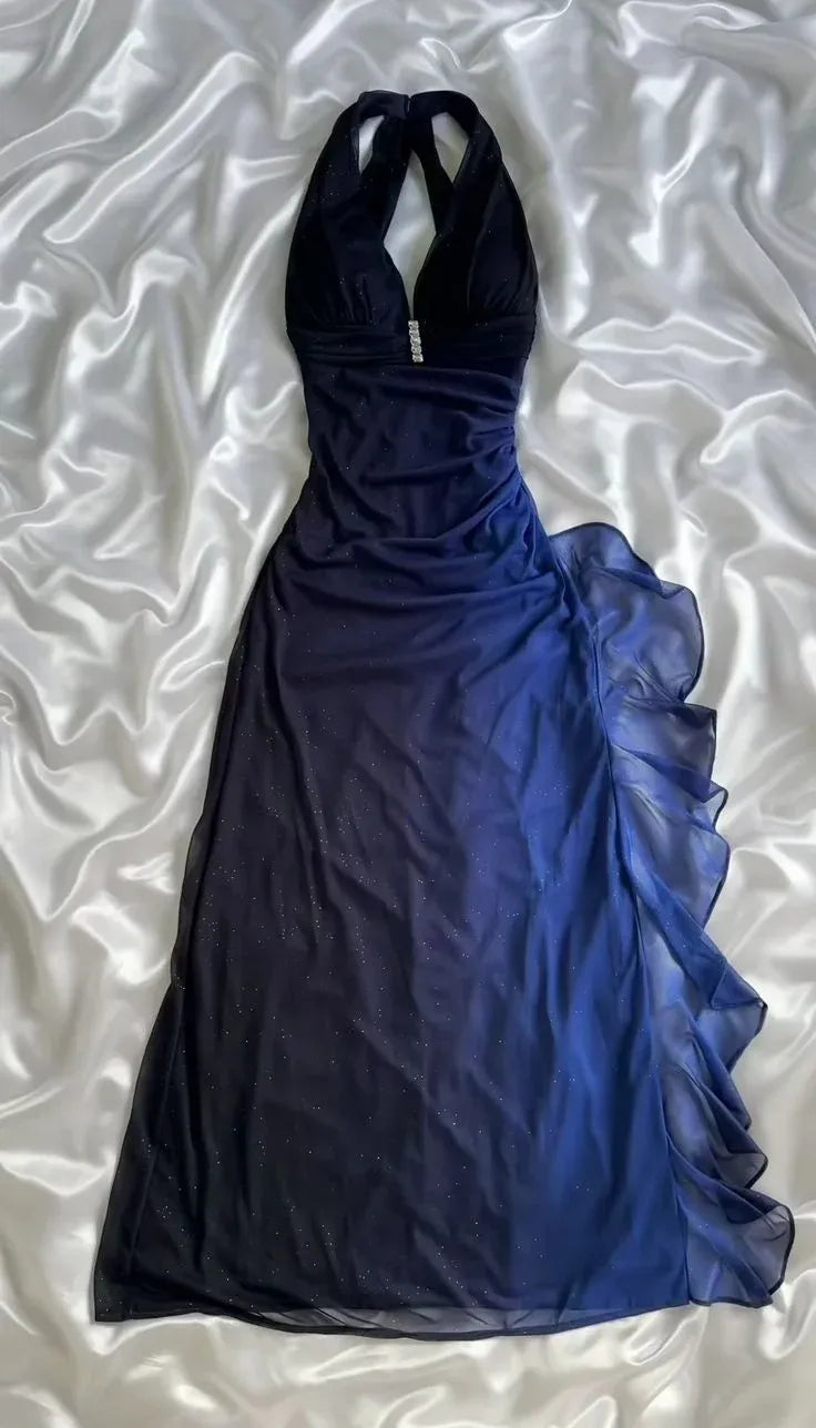 Elegant Sheath Halter Sleeveless Open-Back Ruffle Floor-Length Evening Dress