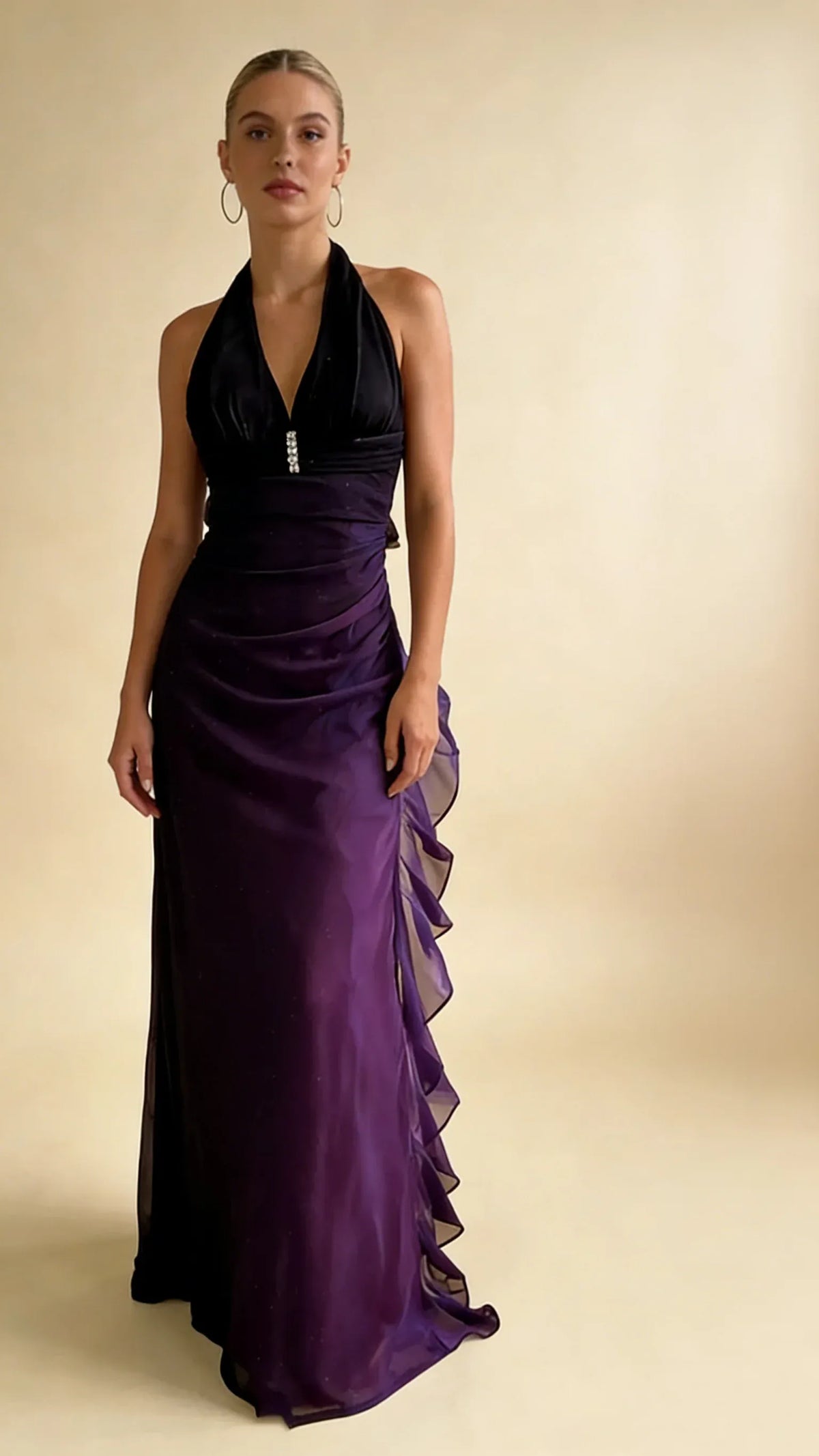 Loverlm dark purple halter evening dress with ruched waist and cascading side ruffle front view