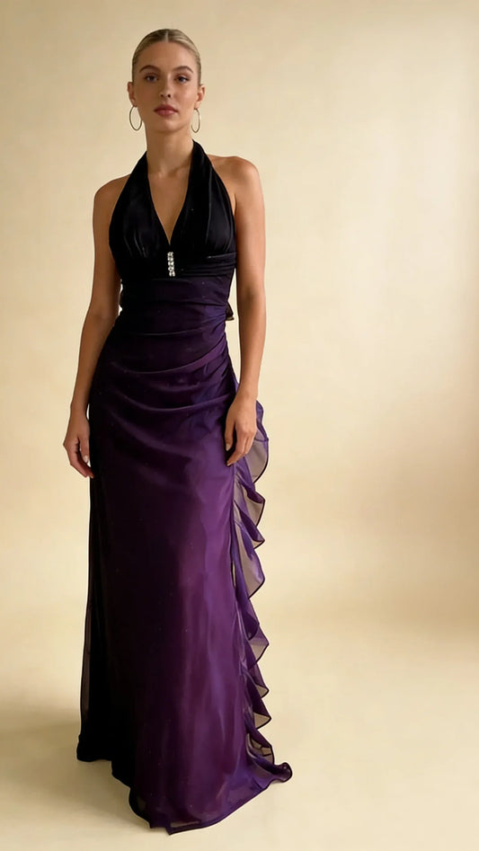 Loverlm dark purple halter evening dress with ruched waist and cascading side ruffle front view