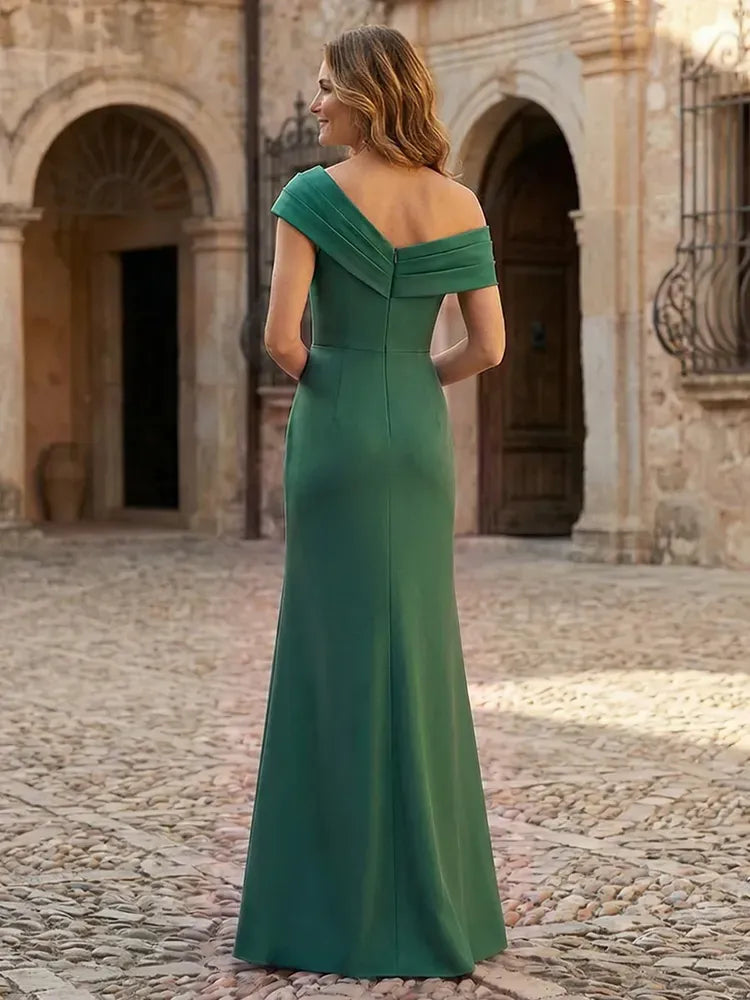 Elegant Sheath Asymmetric-Neck Sleeveless Satin Floor-Length Mother of the Bride Dress