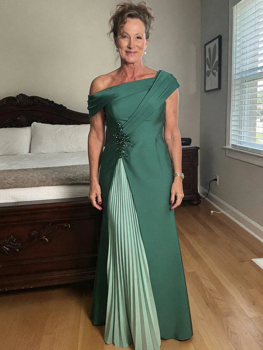 Elegant Sheath Asymmetric-Neck Sleeveless Satin Floor-Length Mother of the Bride Dress