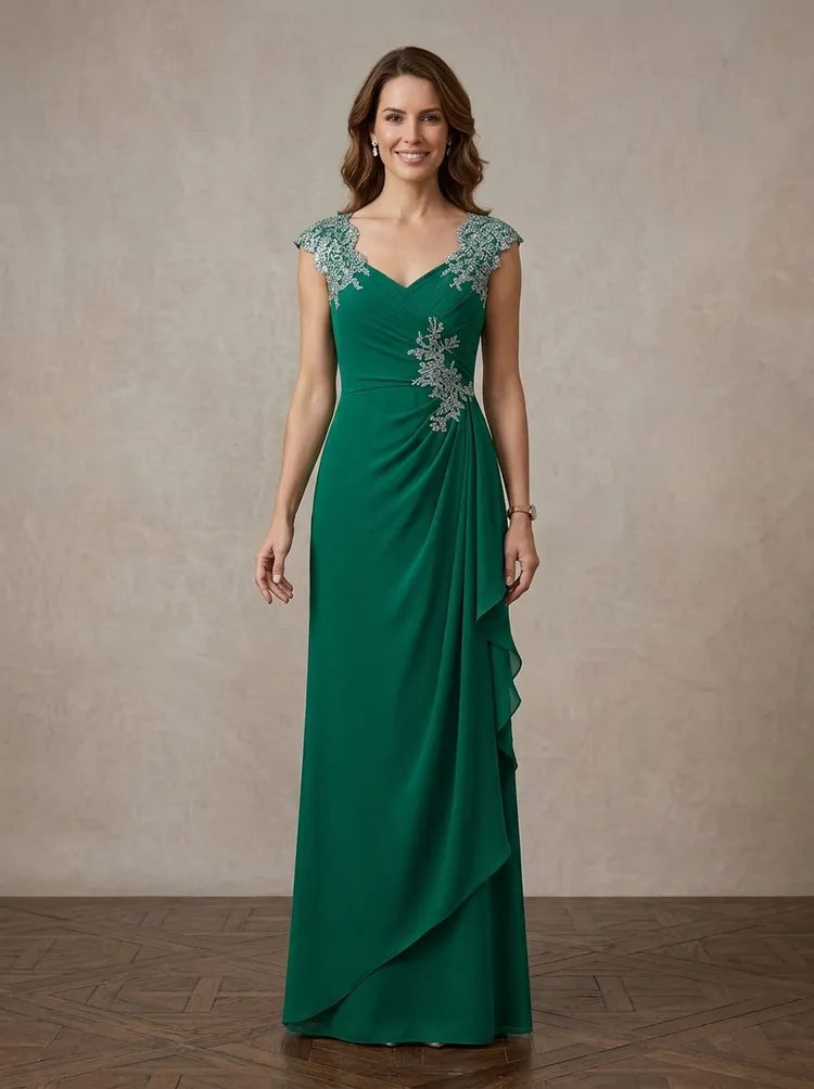 Loverlm emerald green Mother of the Bride dress with V-neck beaded lace cap sleeves ruched waist draped overlay and floor-length skirt