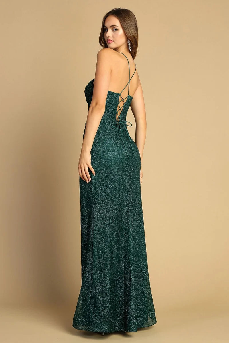Sleek Sheath Cowl-Neck Spaghetti-Strap Lace-Up Floor-Length Prom Dress