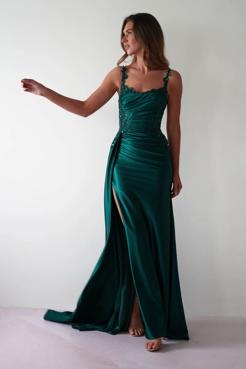Elegant Sheath Square Neck Spaghetti Strap V Back Floor Length Prom Dress
