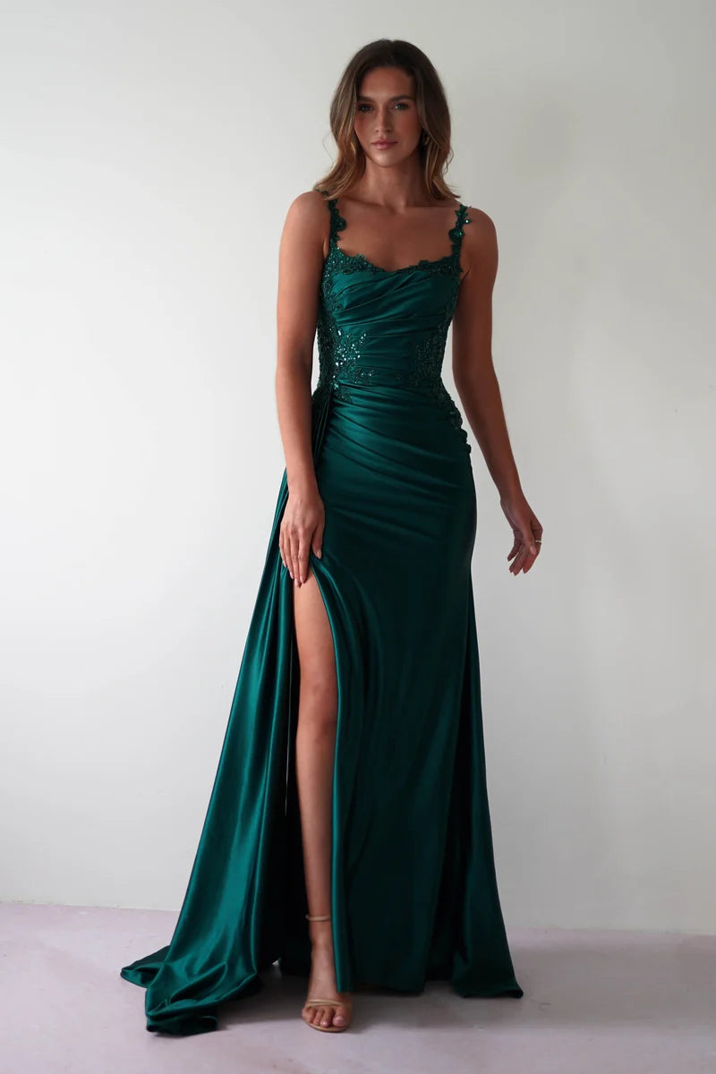 Elegant Sheath Square Neck Spaghetti Strap V Back Floor Length Prom Dress