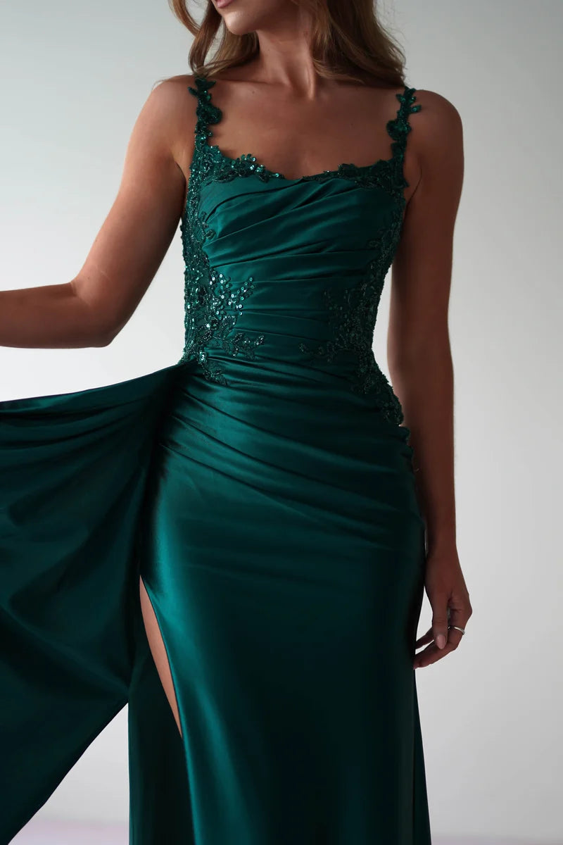 Elegant Sheath Square Neck Spaghetti Strap V Back Floor Length Prom Dress