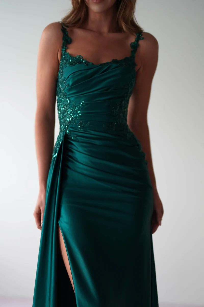 Elegant Sheath Square Neck Spaghetti Strap V Back Floor Length Prom Dress