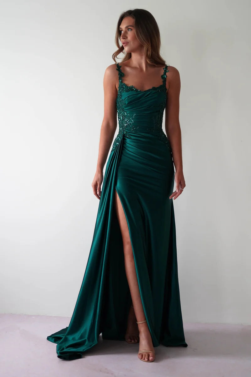 Elegant Sheath Square Neck Spaghetti Strap V Back Floor Length Prom Dress