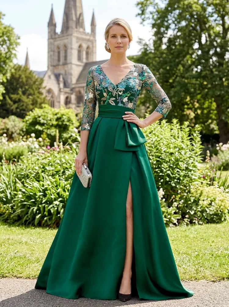 Loverlm emerald green Mother of the Bride dress with V-neck embroidered lace bodice three-quarter sleeves bow waist and floor-length satin skirt
