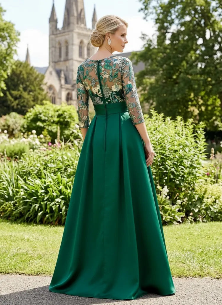 Elegant A-Line V-Neck Three-Quarter-Sleeve Lace Satin Mother of the Bride Dress