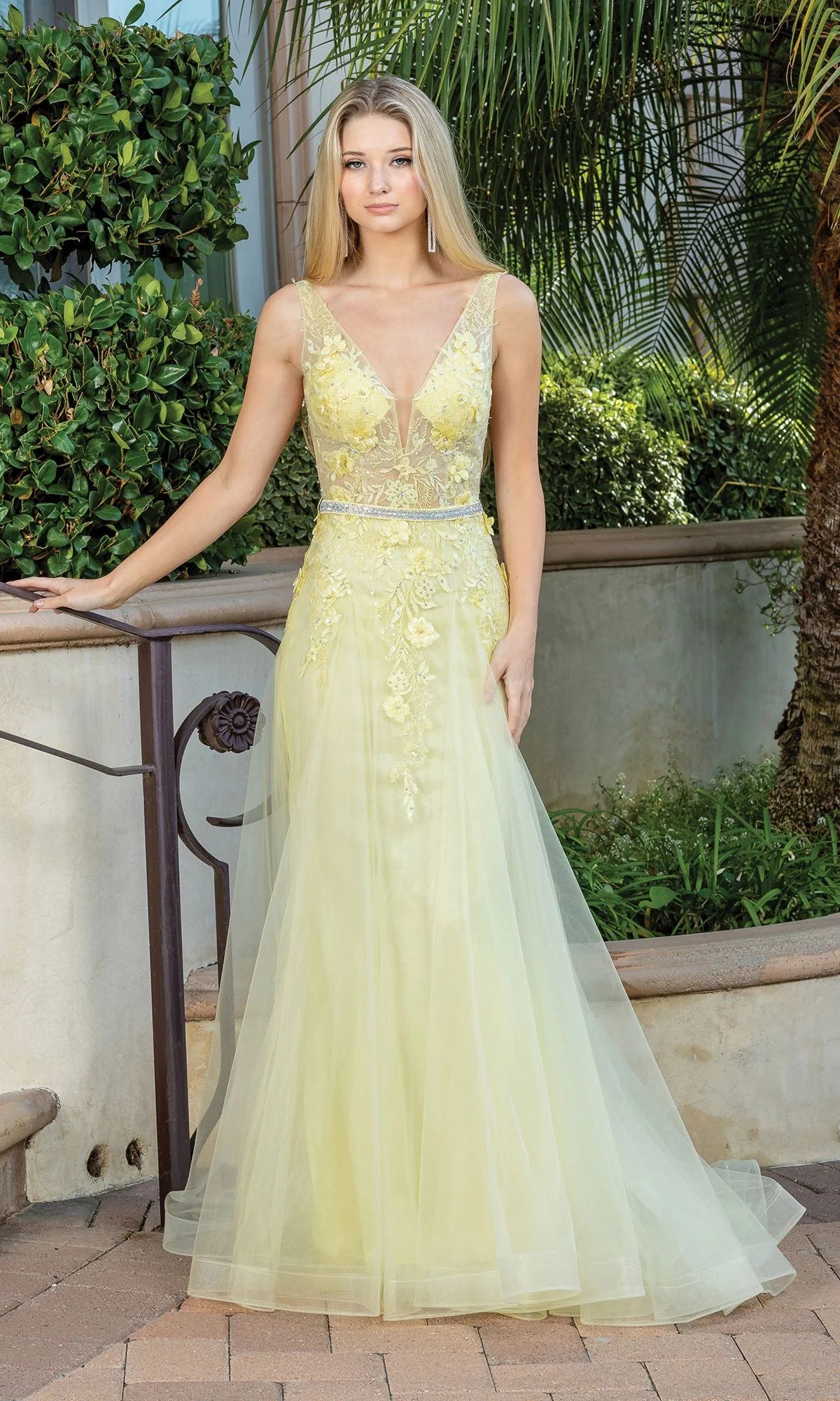 Elegant A Line Plunging V Neck Sleeveless Tulle Floor Length Prom Dress
