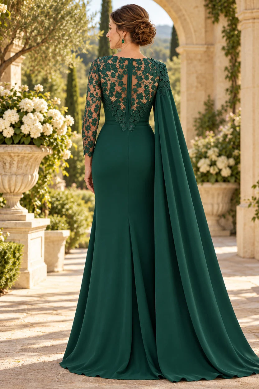 Elegant Mermaid Bateau Neck Asymmetric Sleeve Crepe Floor-Length Mother of the Bride Dress