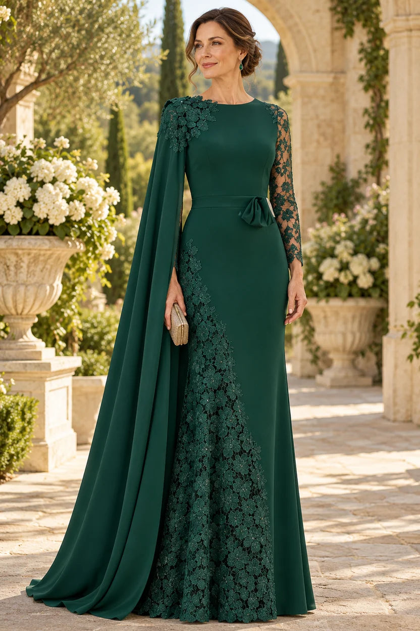Elegant Mermaid Bateau Neck Asymmetric Sleeve Crepe Floor-Length Mother of the Bride Dress