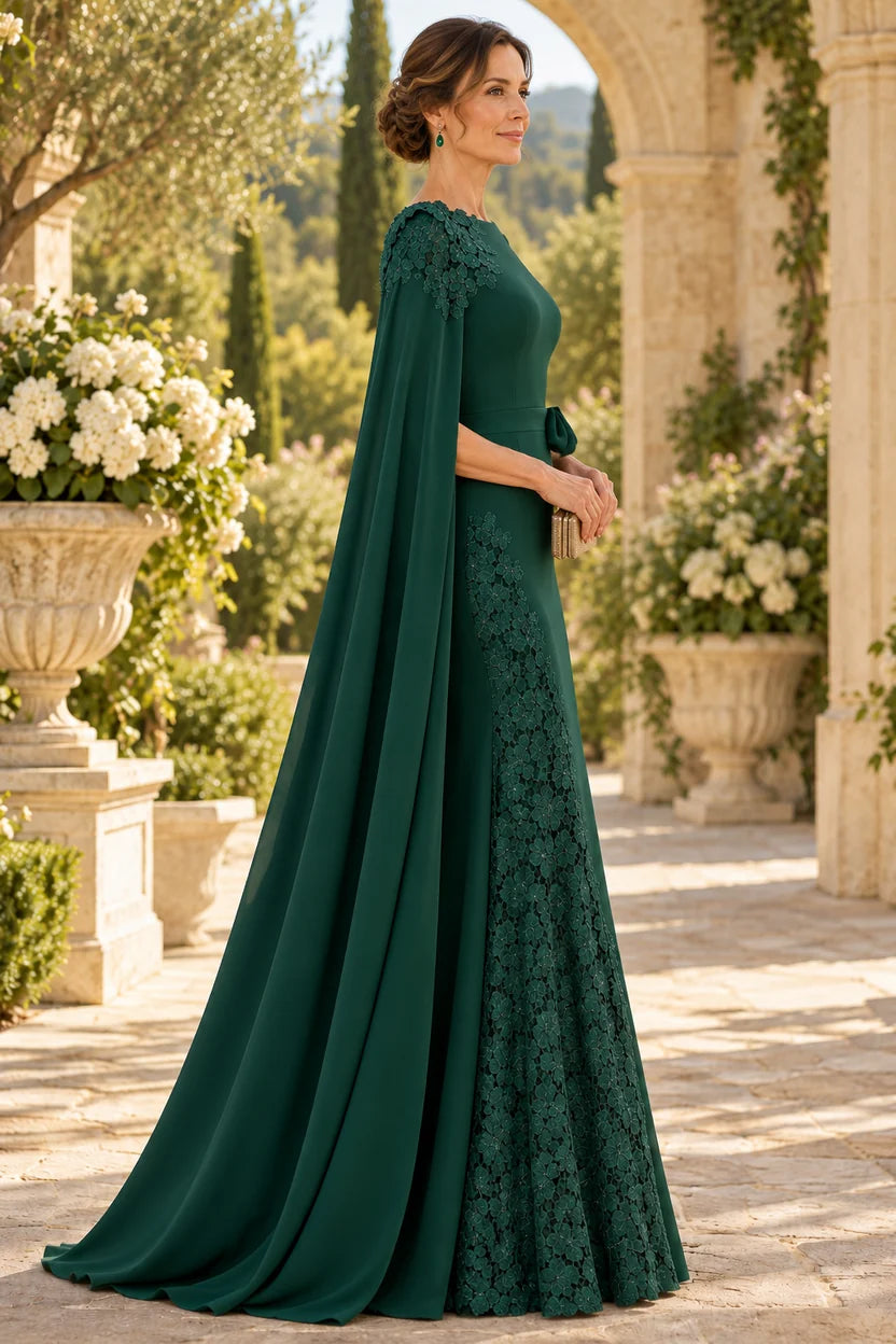 Elegant Mermaid Bateau Neck Asymmetric Sleeve Crepe Floor-Length Mother of the Bride Dress
