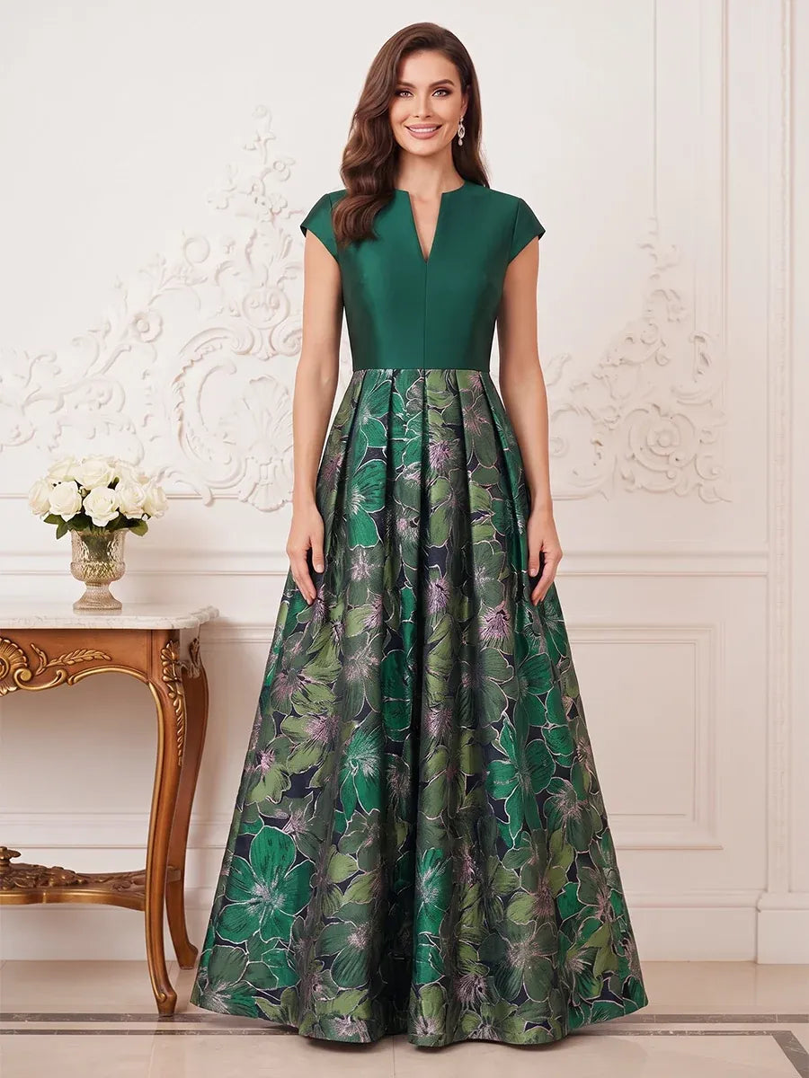 Loverlm emerald green Mother of the Bride dress with notched neckline, cap sleeves and full floral A-line floor-length skirt