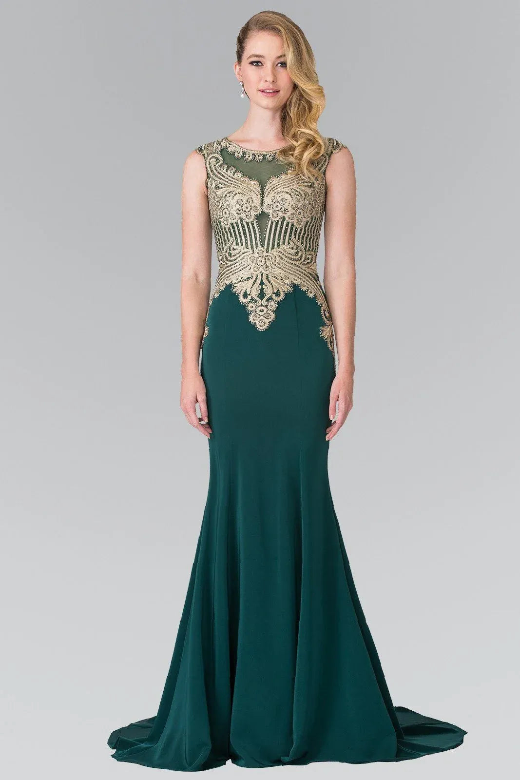 Loverlm emerald green gold embroidered mermaid evening dress front view