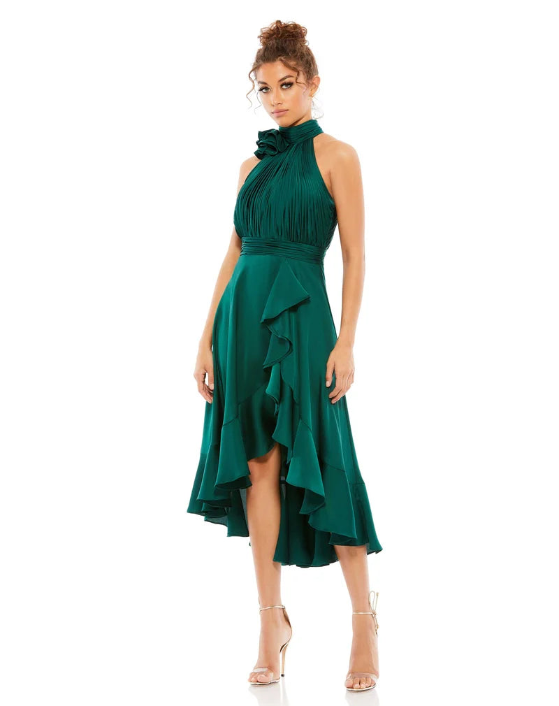 Loverlm emerald green halter pleated high-low ruffle wedding guest dress front view
