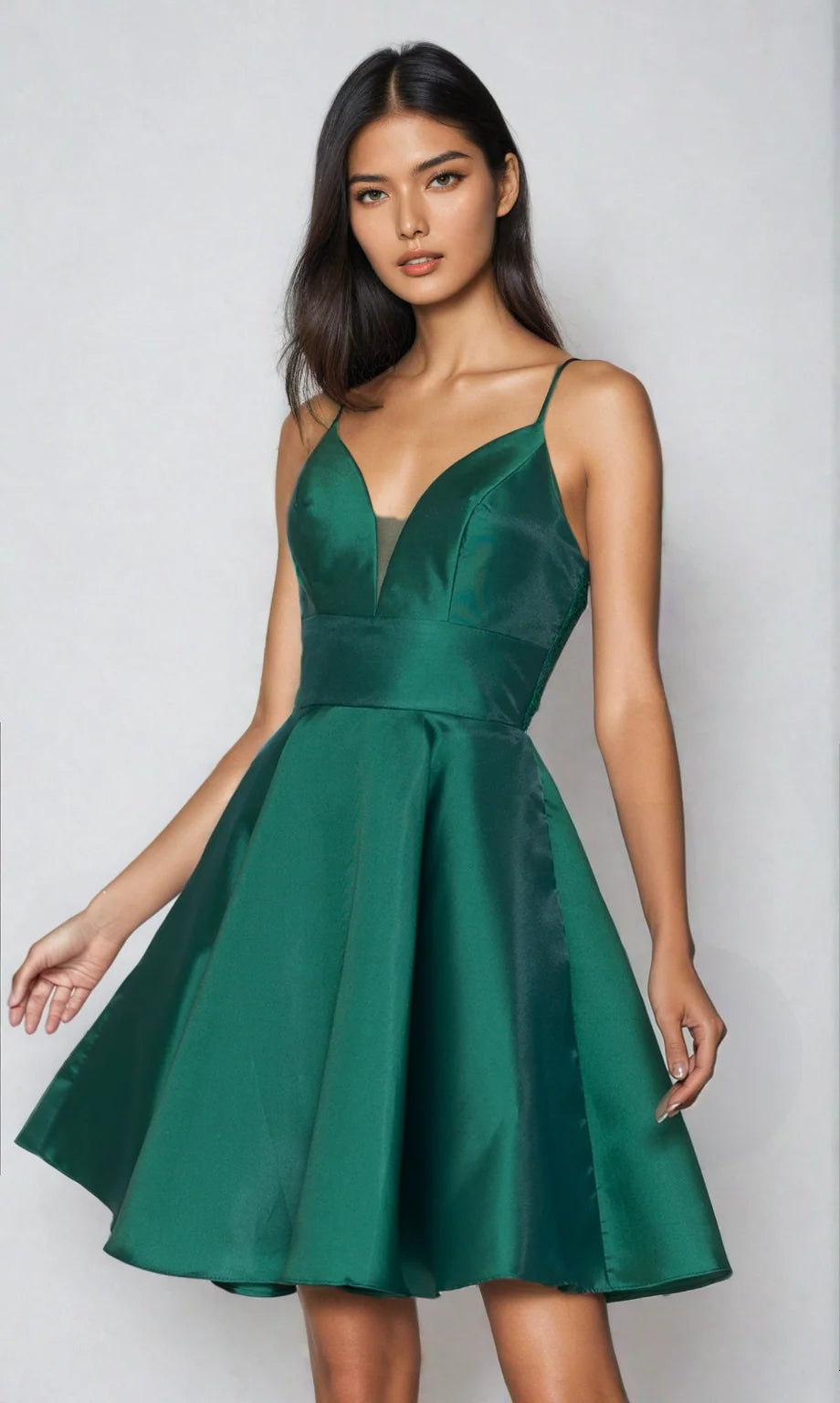 Emerald green satin mini homecoming dress with plunging illusion V-neckline, spaghetti straps, fitted waist and flared A-line skirt