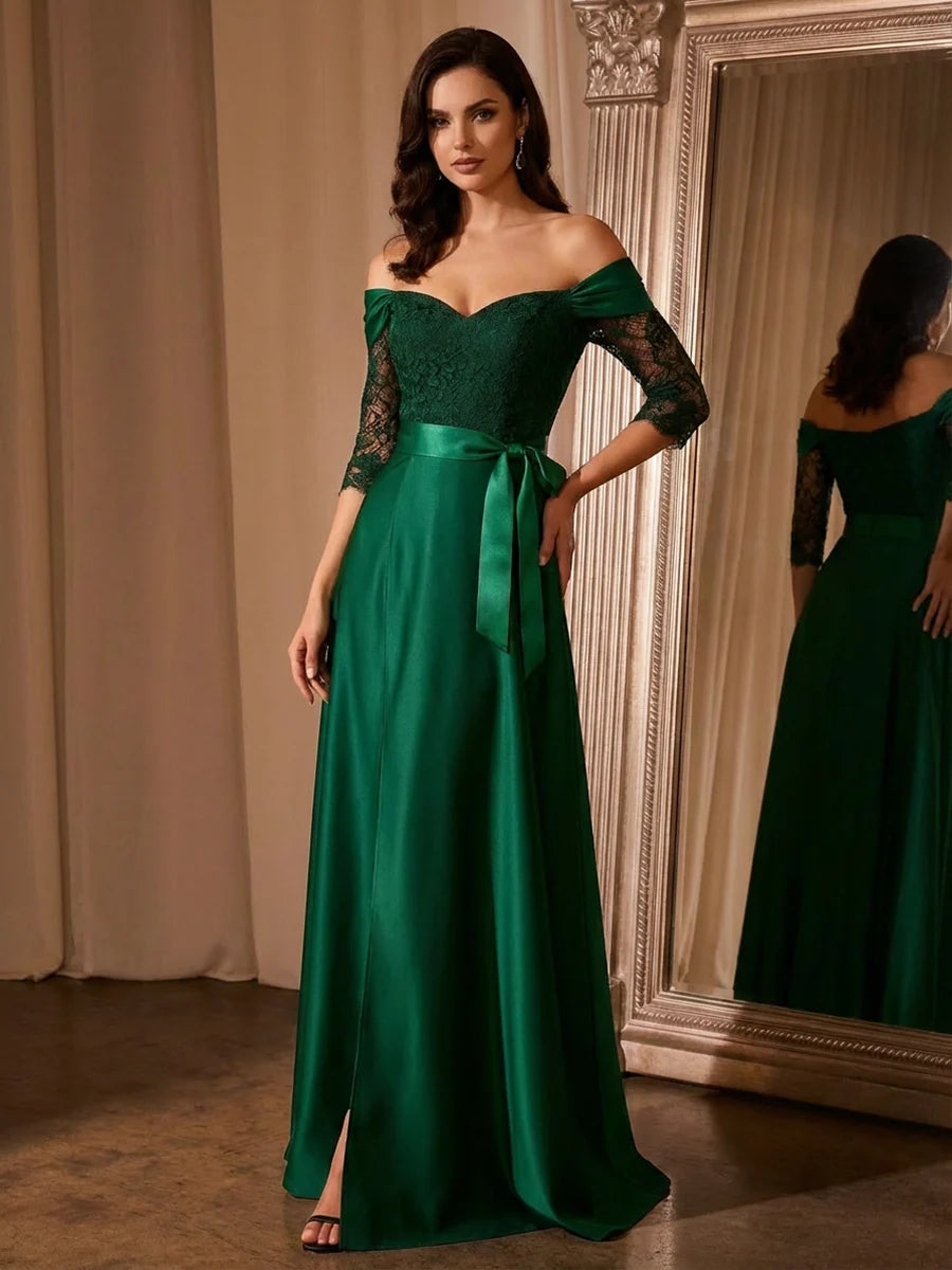 Loverlm emerald green satin A-line evening dress with sweetheart off-the-shoulder neckline and lace three-quarter sleeves