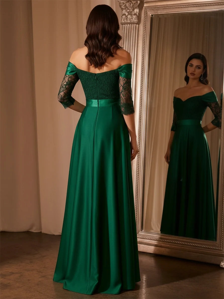 Loverlm Elegant A-Line Sweetheart Three-Quarter Lace Sleeve Satin Floor-Length Evening Dress