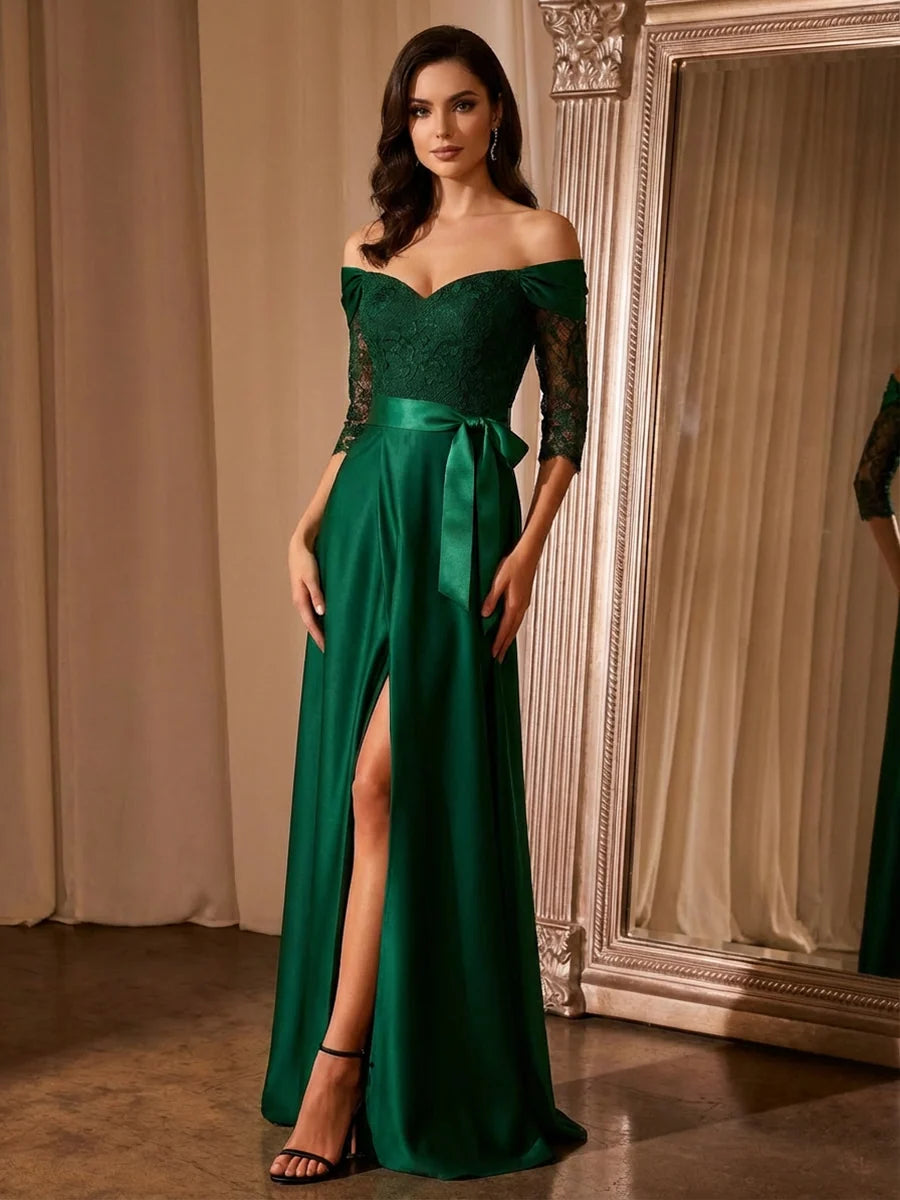 Loverlm Elegant A-Line Sweetheart Three-Quarter Lace Sleeve Satin Floor-Length Evening Dress